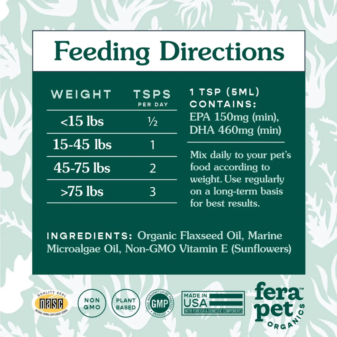 Fera Pet Organics Dog and Cat Supplement, Vegan Omega-3, 6, 9s Algae Oil