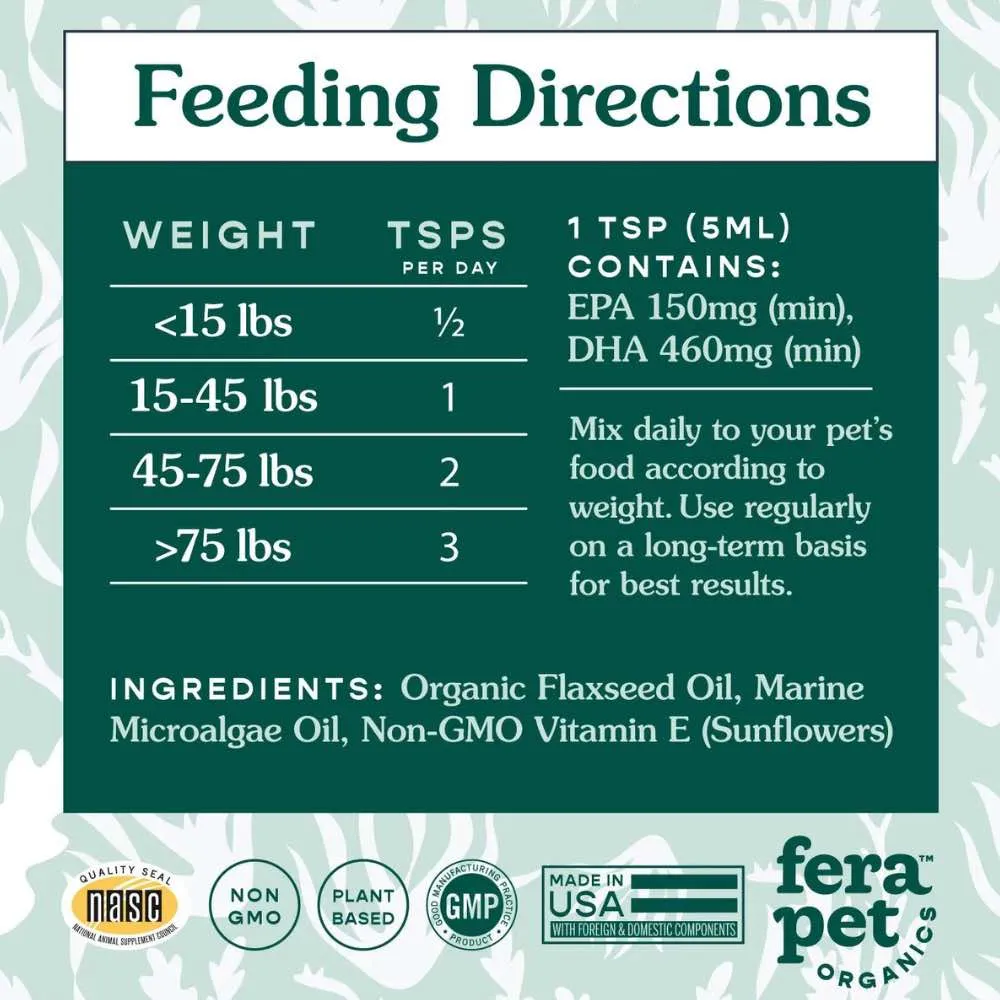 Fera Pets Plant-Based Omega 3s Algae   Flaxseed Oil Supplement For Cats & Dogs 8oz