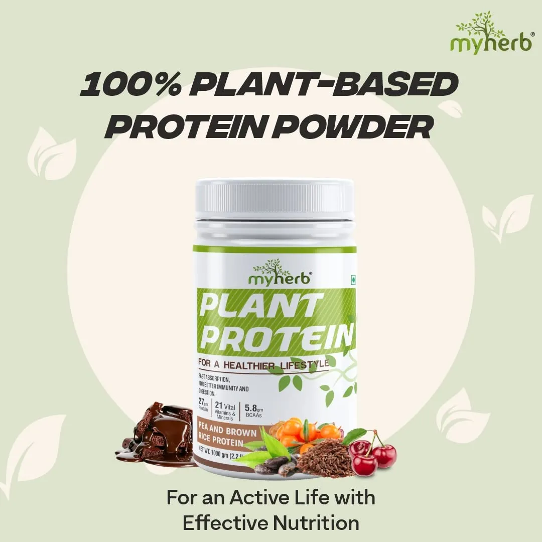 MYHERB Plant Protein Powder | Pea And Brown Rice Protein Powder | Vegan High Protein Powder | 27 gm Protien,21 Vital,6 gm BCCAs | Sugar Free | For Men and Women | Chocolate Flavour (1 Kg)