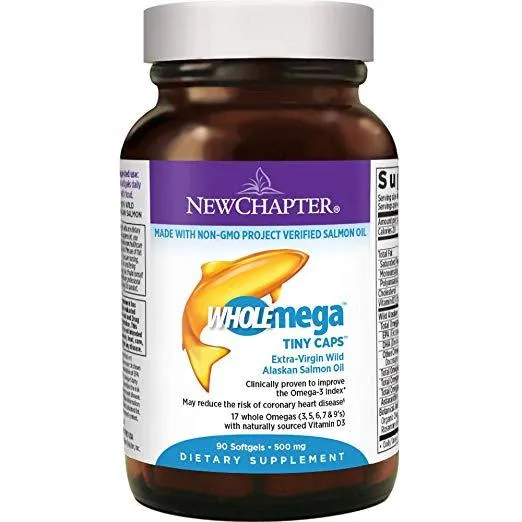 New Chapter Fish Oil Supplement - Wholemega Wild Alaskan Salmon Oil with Omega-3   Vitamin D3   Astaxanthin, 90 Softgels