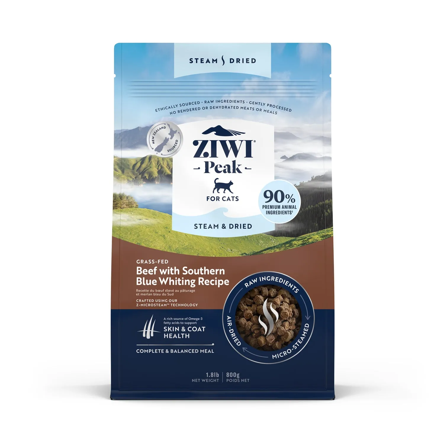 ZiwiPeak Steam & Dried Cat Food - Grass-fed Beef with Southern Blue Whiting Recipe