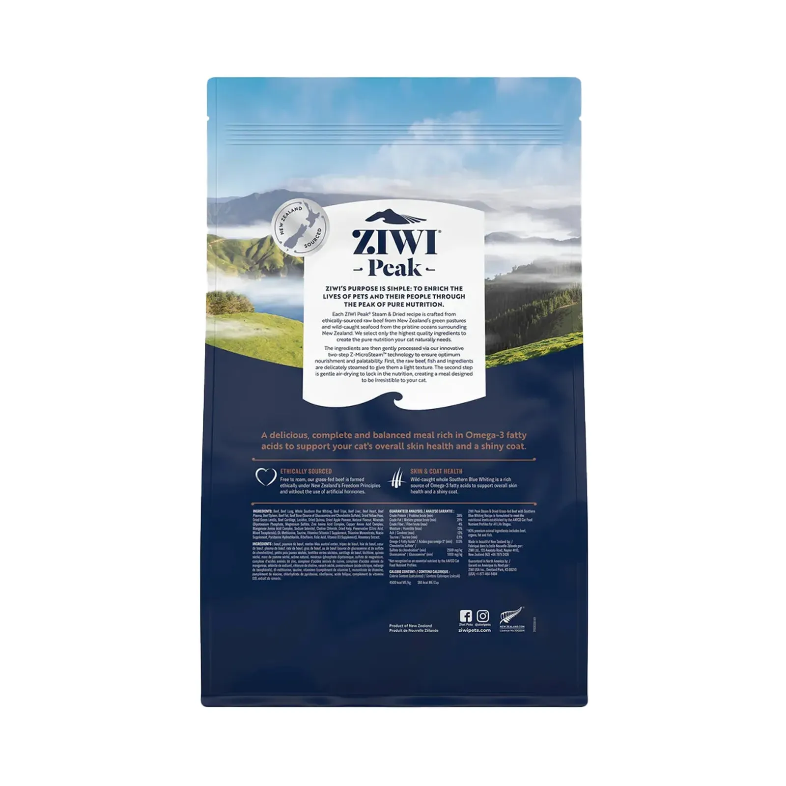 ZiwiPeak Steam & Dried Cat Food - Grass-fed Beef with Southern Blue Whiting Recipe