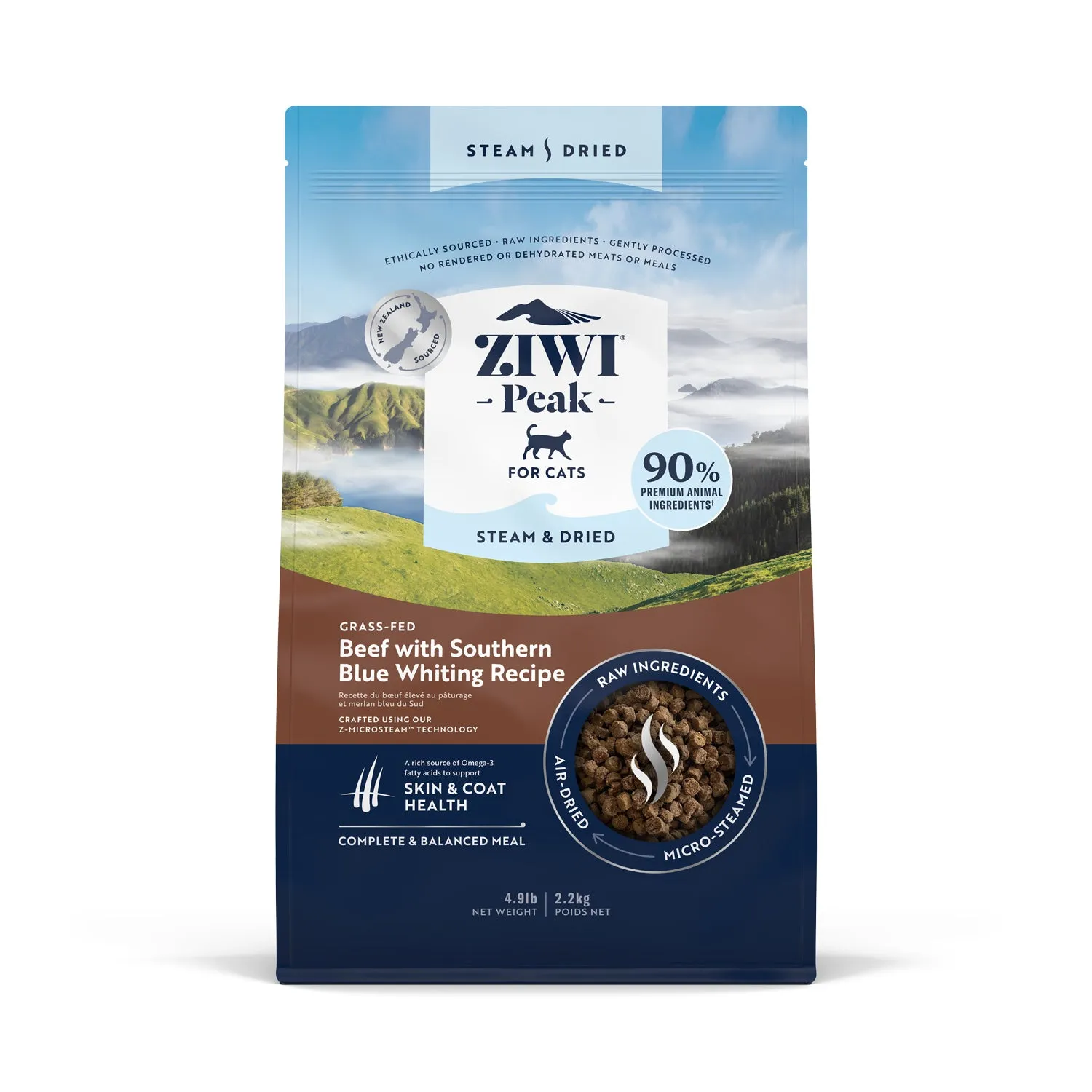 ZiwiPeak Steam & Dried Cat Food - Grass-fed Beef with Southern Blue Whiting Recipe